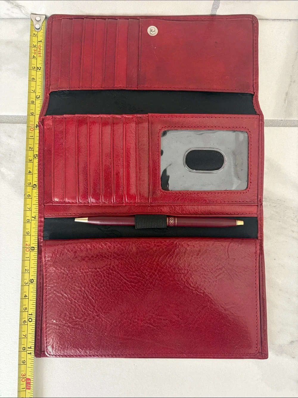 Fossil Deep Red Leather Tri-Fold Wallet with Checkbook Cover and Pen